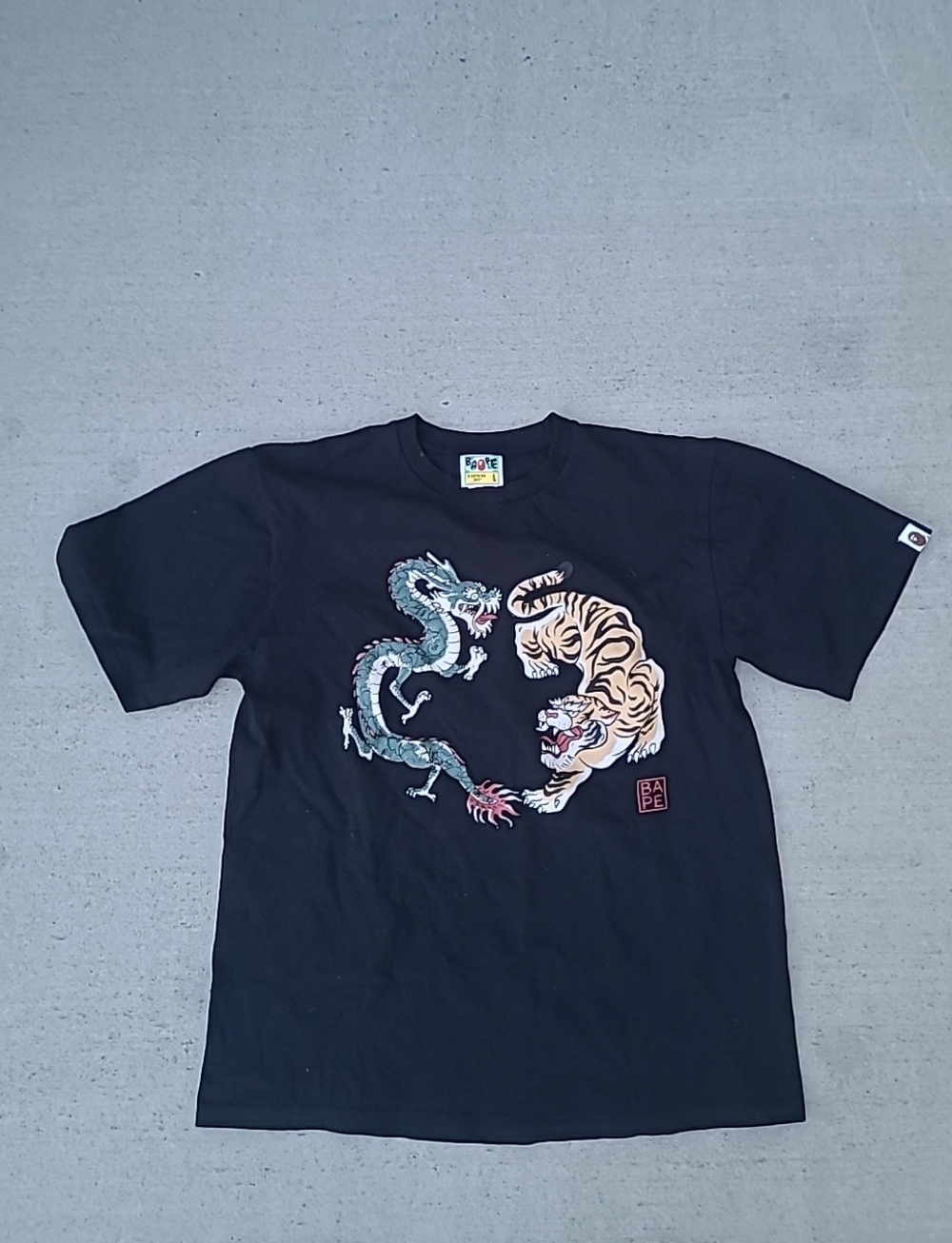 Bape Black Tee with Blue-Green Dragon and Tan Tiger Graphic